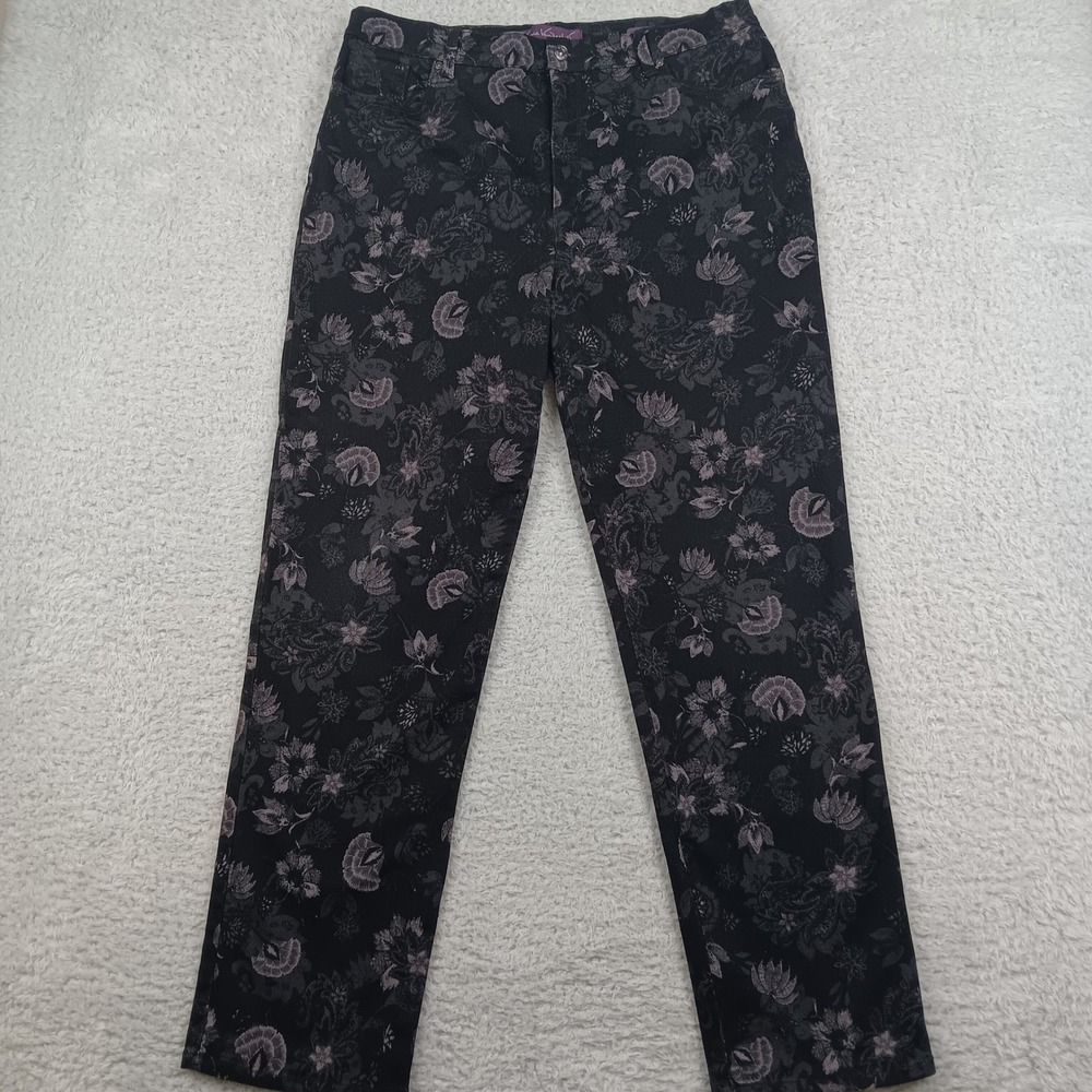 Gloria Vanderbilt Amanda Jeans Women 16 Black Grey Floral Tapered High Rise